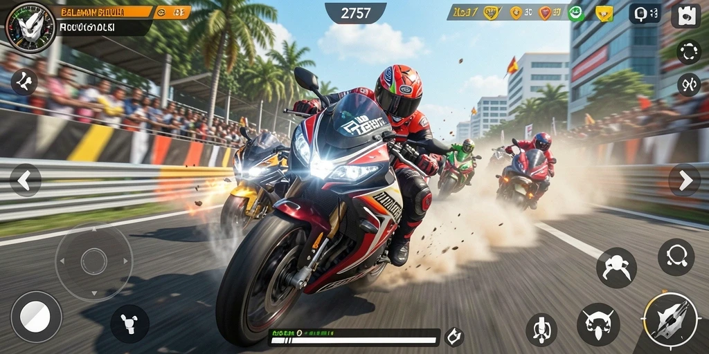 Gameplay seru di trek balap motor cepat.