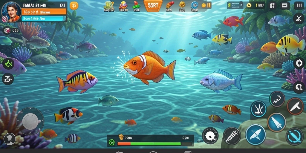 Tangkapan layar gameplay 55RT menampilkan aksi seru saat menembak ikan.