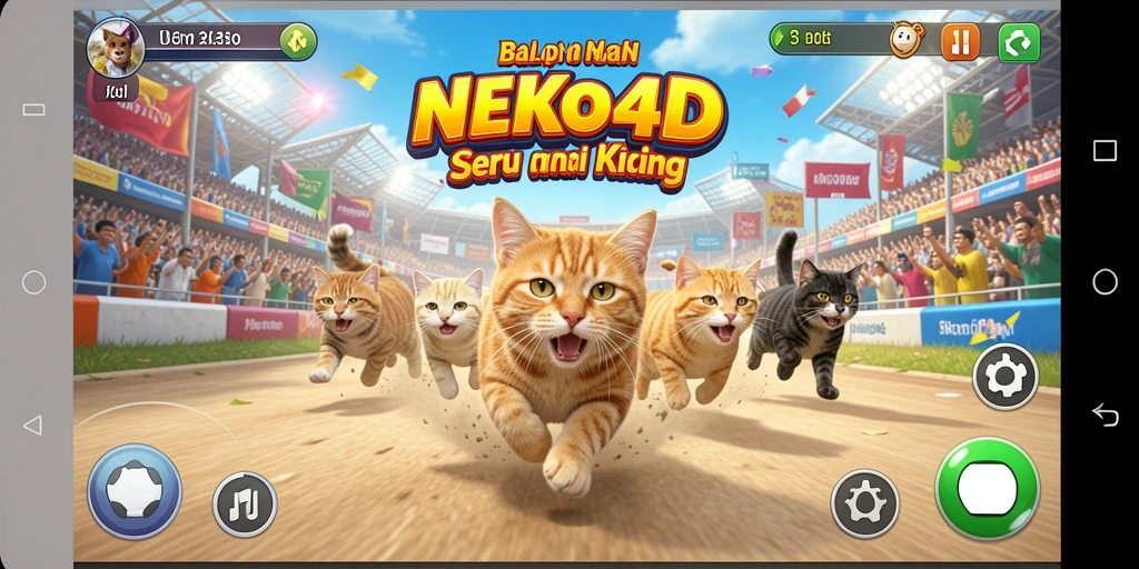 Screenshot gameplay NEKO4D dengan balapan seru menggunakan kucing.