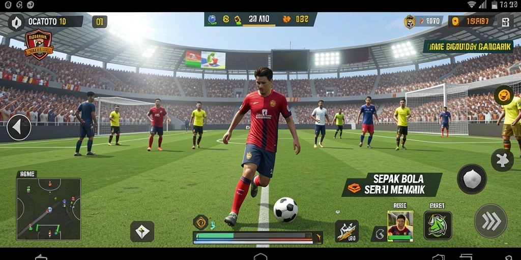 Tampilan gameplay OCATOTO dengan aksi sepak bola yang mendebarkan.
