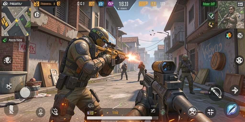Screenshot utama PAKARJP menunjukkan aksi intens dalam gameplay FPS.