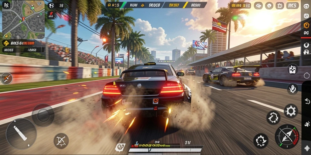 Gambaran gameplay balapan yang mendebarkan dengan mobil beraksi di lintasan.