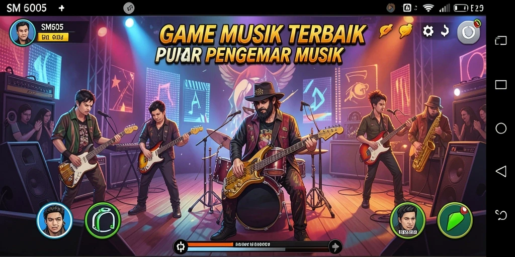 Gameplay SM605 menampilkan interaksi pengguna dengan lagu-lagu populer.